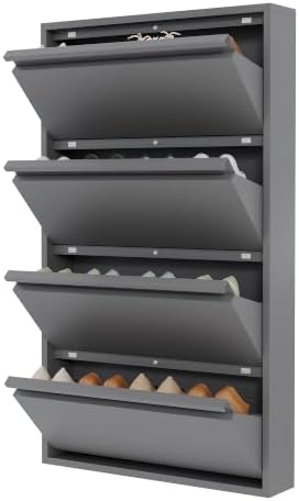Garvee Slim Metal Shoe Cabinet with 4 Flip Drawers for Entryway, Dark Gray | Narrow Shoe Storage, Wall Mounted or Floor Standing, Detachable Bottom Corners for Flexible Placement, Anti-Tip Wall Mount