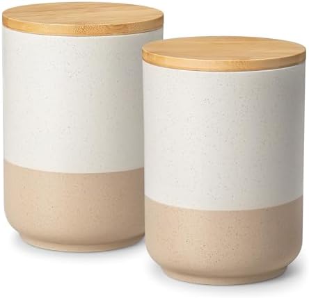 vancasso Sabine Large Ceramic Canister Set with Airtight Wood Lids - 2-Piece Kitchen Food Storage Jars for Flour, Sugar, Coffee & Tea (74 oz Each) - Big Capacity Countertop Jars