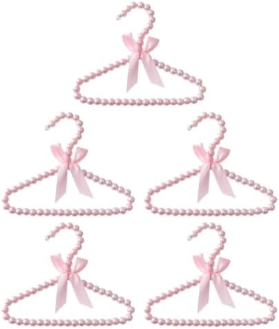 DOITOOL 5pcs Plastic Pet Hangers for Small Clothes with Elegant Pearl Beaded Design and Pink Color, Sturdy and Wear-Resistant Dog Clothing Rack for Pet Stores and Home Organization