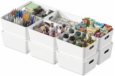 12 Pack White Storage Bins with Lids, PET Plastic Pantry Organizers and Storage, Small Storage Bins for Kitchen, Fridge, Bathroom, Office