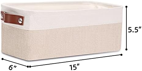 DULLEMELO Fabric Bathroom Storage Bin with Leather Handles, Narrow Organizer for Towels, Toilet Paper Rolls, Storage Basket for Back of Toilet, Vanities, Shelves & Cabinets (White&Khaki)