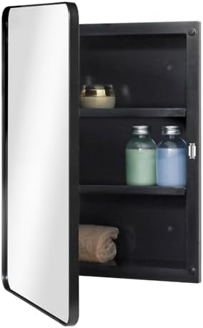 Black 16 x 22 Wall Medicine Cabinet, Mirror Door, Recessed or Surface Mount | Recessed Bathroom Mirror Cabinet with 2 Adjustable Shelves, Reversible Door And Hardware; Fully Assembled for Wall Mounting