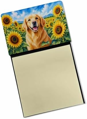 Caroline's Treasures Golden Retriever in Sunflowers Watercolor Sticky Note Holder Refillable Dispenser Desk Accessory 3x3 Pad Gift
