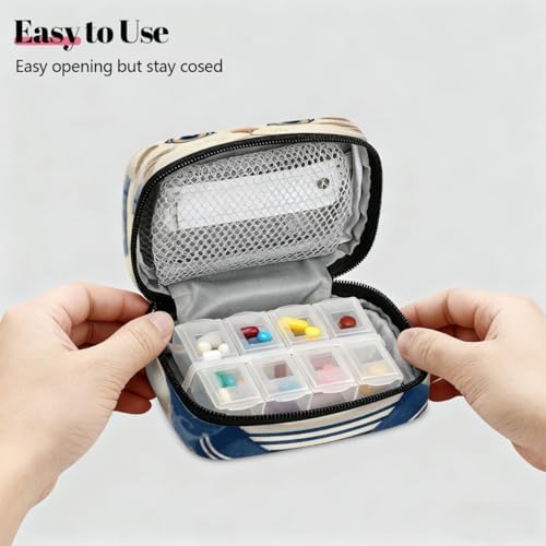 Weekly Pill Organizer Travel Size Bag with Removable 7 Day Pill Box Portable Vitamin Case Purse with Zipper,Sailor Cat Striped Collar Anchor Hat