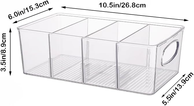 Clear Plastic Storage Bins with Removable Dividers – Pantry Snack Organizer, Kitchen Pantry Organizers and Storage, Snack Drawer Organizer, Fridge Organizer (4 Pack)
