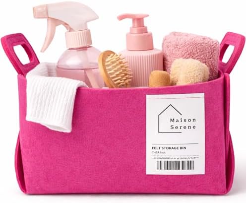 Pink Felt Storage Basket with Handles, Foldable Fabric Bin Organizer | Collapsible Decorative Basket for Shelves, Closets, Toys & Nursery – Versatile Fabric Bin for Home, Bedroom and Playroom