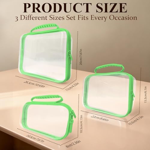 3 PCS Clear Zipper Pouches with Handle, Diaper Bag Organizer, Clear Makeup Bags Hardshell Toy Storage Bins with Zipper Toiletry Pouch Bag for Cosmetics Pencils Puzzles, Building Blocks(Green)