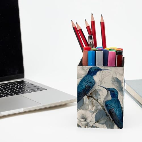 Hummingbird Pen Holder for Desk Decor, Rectangular PVC Leather Pencil Cup for Desk Pen Organizer, Makeup Brush Holder for School, Home, Office