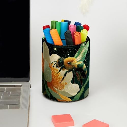 Faux Leather Pen Holder for Desk, Pencil Organizer Bee Pen Cup Desk Decor Makeup Brush Holder Storage for Office Home