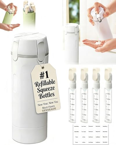 4 in 1 Travel Dispenser Bottle, Size Toiletries Shampoo Creams Bottles Set, Refillable Shampoo and Conditioner Airless Pump Bottles for Liquids, Leakproof Cosmetic Containers for Women (White)