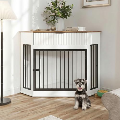 Corner Dog Crate Furniture with Drawer, White, Wood and Metal, TV Stand, Small to Medium Dogs (White + MDF+Steel)
