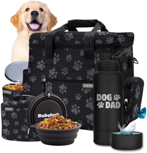 Rubyloo Original Doggy Bag (Paw Print) & 32oz Insulated Water Bottle with Attached 8oz Bowl (Dog Dad) – Dog Travel Bag & Hydration Set