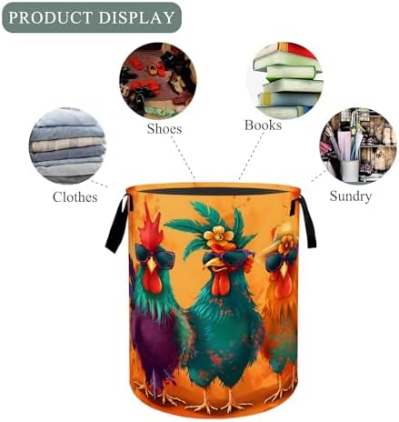 Funny Chicken Laundry Basket Hamper, Organizer Bins Gifts for Women Kids, Cool Rooster Farmhouse Foldable Waterproof Clothes Hamper Handles Storage Bucket for Bedroom Bathroom Room Decor 19.7"x15.7"
