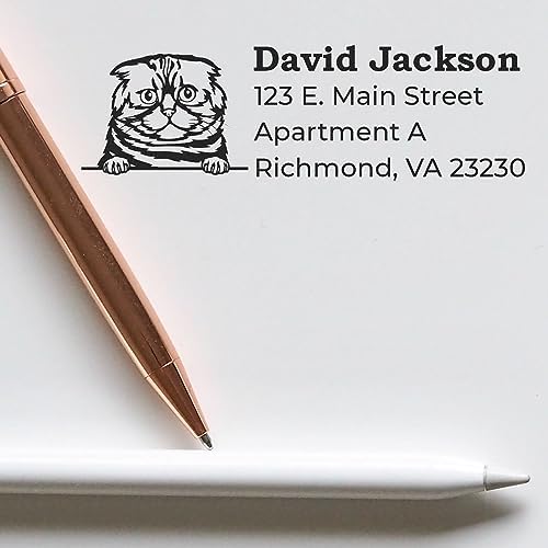Peeking Foldex Cat Wood Handle Address Stamp - Custom Stamp for Envelopes | Customised Address Stamp for Veterinary Clinics. Address Stamp with Foldex Cat. 4 lines. Any standard pad works.