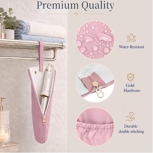 Hot Tools Travel Bag with Heat Resistant Mat, 2-in-1 Hair Tools Organizer Bag for Curling Iron, Flat Iron, Portable Holder & Mat with Cord Pocket for Home Travel(Pink)