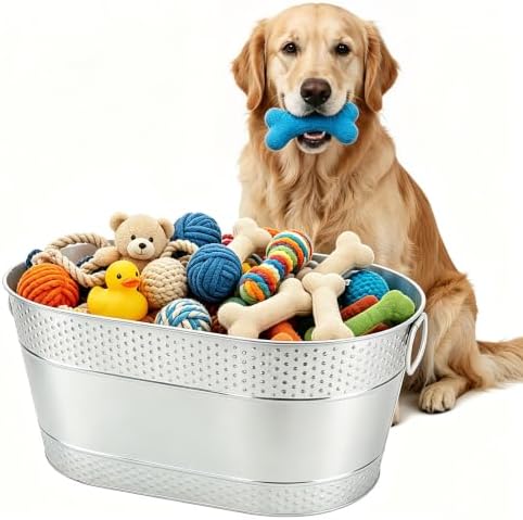 Indestructible Metal Dog Toy Storage Bin, Silver Pet Toy Storage Basket for Living Room Area, Sturdy Chew Proof Puppy Toy Box with Handle, Large Capacity 25 Quart