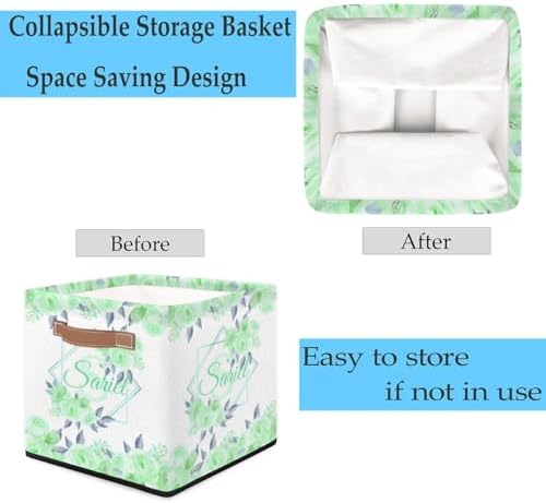 Personalized Storage Baskets for Organizing, Foldable Storage Bins with Handles Custom Cute Basket for Boys, Girls, Pet, Clothes, Blanket, Bedroom Nursery Toy Storage Gift,13 x13 x13 In, Green Flower