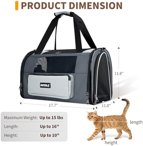 Collapsible Small Pet Carrier for Cat 15 lbs with Fashion Pocket Travel Bag | Lightweight Sturdy Little Puppy Dog Carry Crate, Breathable Stylish Kitten Soft Cage Kennel, Portable Yorkie Box Grey