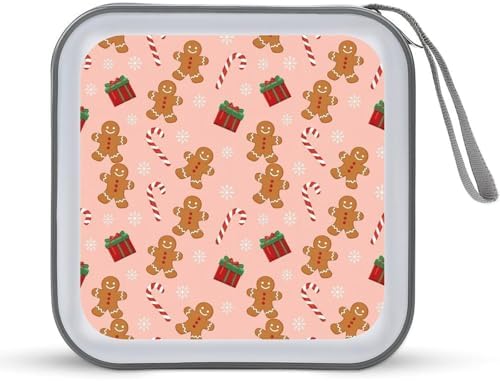 Protective DVD Case Holder Pink Gingerbread Christmas, 40-Capacity Hard Plastic Binder with Zipper, Portable CD Organizer for Car Home