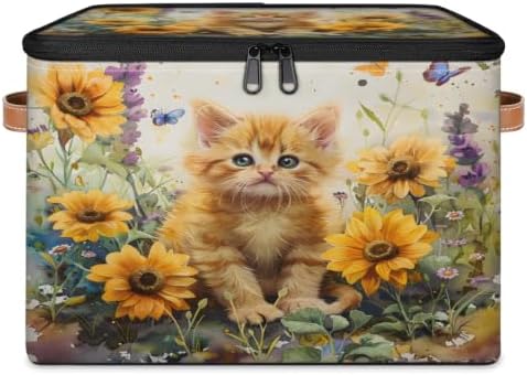 Cat Floral Storage Box with Zipper Lid | Collapsible, Fabric, Storage Bin, Handle, Large, Closet Organizer, Containers, Bedroom, Home, Yellow Sunflower