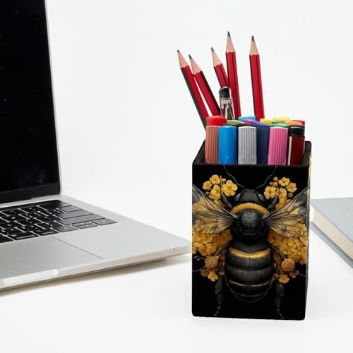 Bee Pen Holder for Desk Decor, Rectangular PVC Leather Pencil Cup for Desk Pen Organizer, Makeup Brush Holder for School, Home, Office