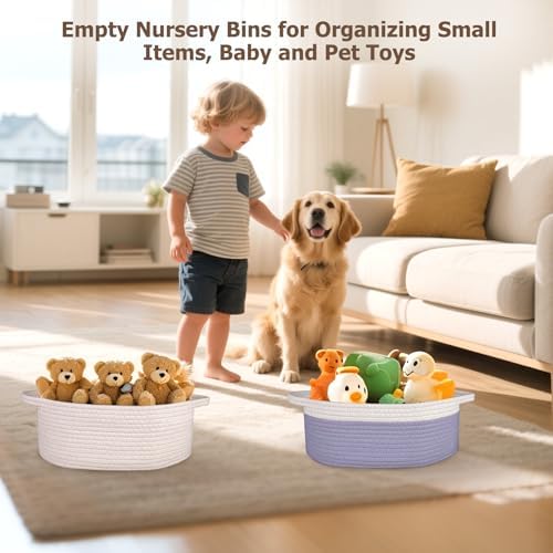 Small Woven Basket, 12" x 8" x 5" Gift Basket Empty with Ribbon and Gift Bag, Rope Basket for Baby Shower, Holiday Presents,Storage Basket with Handle for Nursery,Pet Toy Basket (White-Purple)