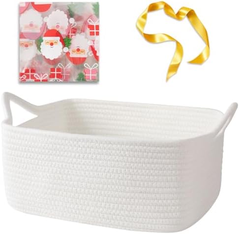 OIAHOMY Woven Basket, Gift Basket Empty with Gift Bags and Ribbons, Rope Baskets for Baby Showers, Storage Baskets with Handles for Nursery, Pet Toy Organizer - Christmas White
