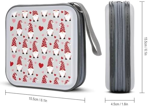 DVD Storage Binder for 40 Discs Love Heart Gnome Pattern, Hard Shell Protective Wallet with Handle, Portable CD Organizer for Car Travel