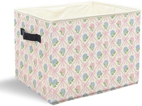 Coquette Pink Bow Hydrangea Floral Storage Bins with Handles, Pink and Blue Grandmillennial Flower Collapsible Laundry Basket Storage Box for Home Bedroom Bathroom Clothes Toys Books
