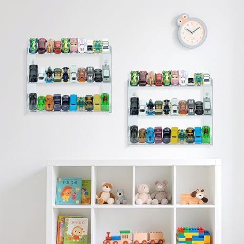 3-Tier Toy Car Display Case, Wall Mount Storage Holds 30 (2 Pack) | Wall mount tiered shelf fits 1:64 scale cars. Cars not included. Assembly required. Holds 30.