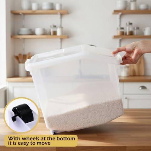 Sunnyray 4 Pcs Rice Storage Container 33.1 lb Airtight Flour Container with Wheels Measuring Cup White Pet Food Dog Cat Birds Food Bin Grain Cereal Organizer Box for Dry Baking Supplies
