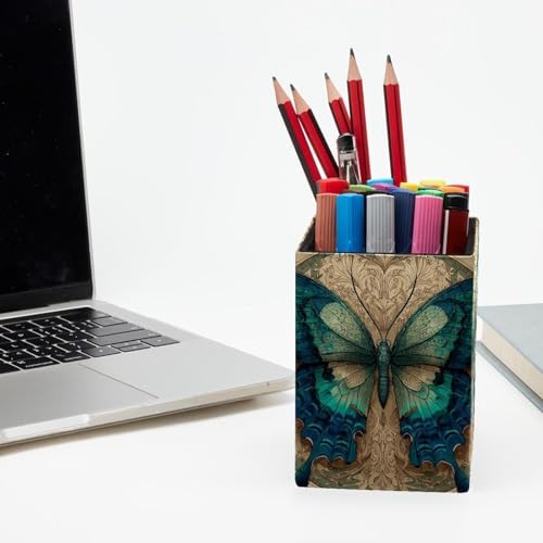 Art Butterfly Pen Holder for Desk Decor, Rectangular PVC Leather Pencil Cup for Desk Pen Organizer, Makeup Brush Holder for School, Home, Office