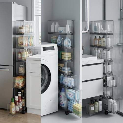 Slim Storage Cabinet with Wheels, Space Saving Narrow Rolling Cart, Thickened PET Transparent Drawer Organizer, Mobile Bathroom for Small Spaces Kitchen Laundry(Clear Gray,3.9 * 15.9 * 31in)