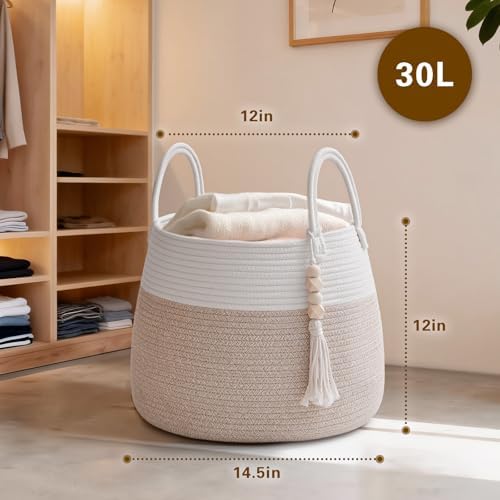 Large Nursery Hamper, 30L Blanket Basket with Handle, Baby Laundry Basket for Gift, Toy, Clothes, Woven Storage Basket with Wooden Bead Decor, Baby Hamper for Nursery (Black&Brown)