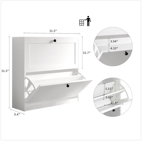 VOWNER Shoe Cabinet with 2 Flip Drawers, Freestanding Shoe Storage Cabinet with Adjustable Shelf & Anti-Tipping Device, Shoe Rack for Entryway, Hallway, Living Room (White)