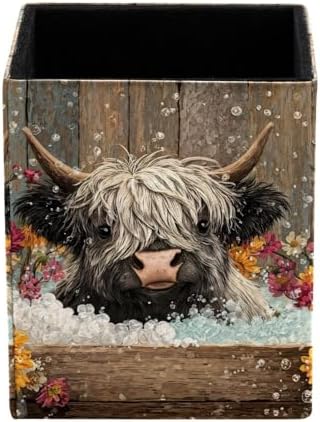 Barrel and Highland Cow Pen Holder for Desk Decor, Rectangular PVC Leather Pencil Cup for Desk Pen Organizer, Makeup Brush Holder for School, Home, Office