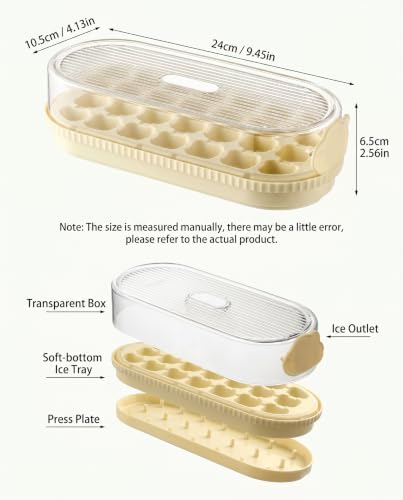 Press Ice Cube Tray with Lid Easy Release Mold Box Fill | PP+TPE+PET, 9.4 x 4.1 x 2.6 In, Ice Maker Stackable Odorless Storage Bin for Cocktail Whiskey Mint , Sweet Yellow
