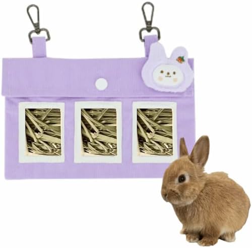 Rabbit Hay Feeder Bag with Cute Pendant, Storage Guinea Pig Feeder Rack Bag, Large Capacity Cotton Canvas Hanging Bag for Bunnies Chinchillas Guinea Pigs (Purple,S)