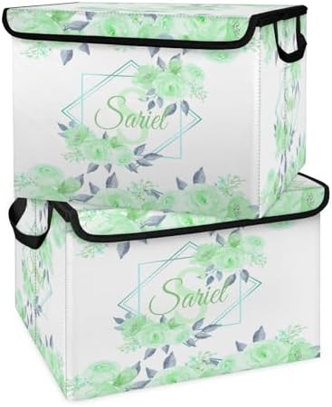 Green Floral Storage Bin with Lid Personalized Storage Baskets for Organizing Foldable Closet Organizers with Handles,Cute Basket for Boys Girls for Clothes Blanket Pet Dog Toy Basket Storage (2 Pack)