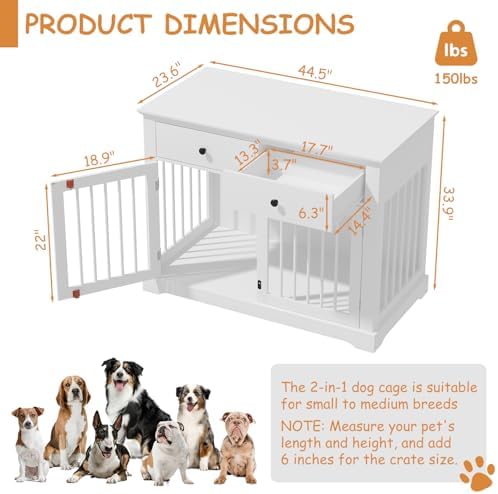 PRETZI Dog Crate Furniture, 44 Inch Wooden Dog Kennel Indoor with 2 Storage Drawers, Heavy Duty Large Crate Furniture, Decorative End Table Cage Furniture for Small/Medium/Large (White)