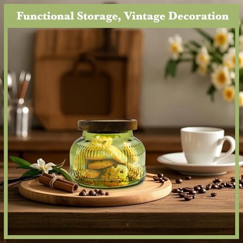 Decorative Green Ribbed Glass Jar with Airtight Wooden Lid, 25.4 fl. oz | Wide mouth vintage storage canister, kitchen pantry bathroom organization, coffee sugar tea cookie candy candle vase gift