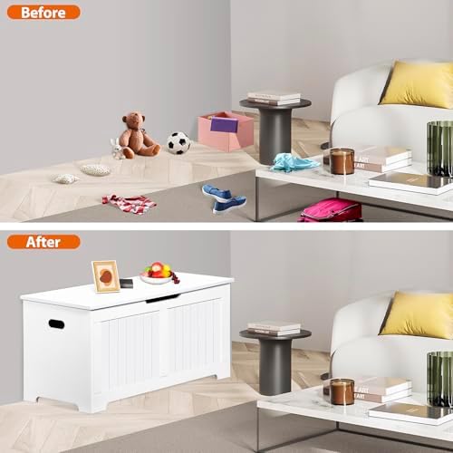 Wooden Storage Chest,30/40 Inch Storage Trunk w/2 Safety Hinges, Storage Bench, Modern Lift Top Chest Box Organizer (White, 40 Lx 15.7 W x19 H Inch)
