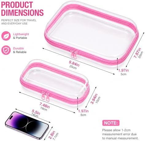 2-Pack Clear Hardshell Zipper Case, 1.2mm Thicken Crush-Proof Travel Toiletries Bag, TSA Approved Portable Zipper Pouches, Rigid Toiletry & Diaper Bag Organizer for Tech, Toys & Art Supplies(Pink)