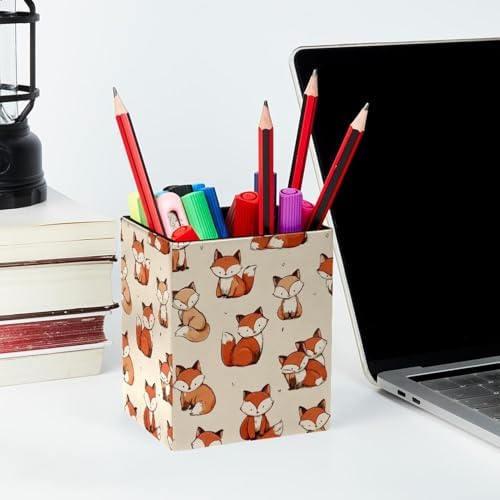 Cute Fox Pen Holder for Desk Decor, Rectangular PVC Leather Pencil Cup for Desk Pen Organizer, Makeup Brush Holder for School, Home, Office