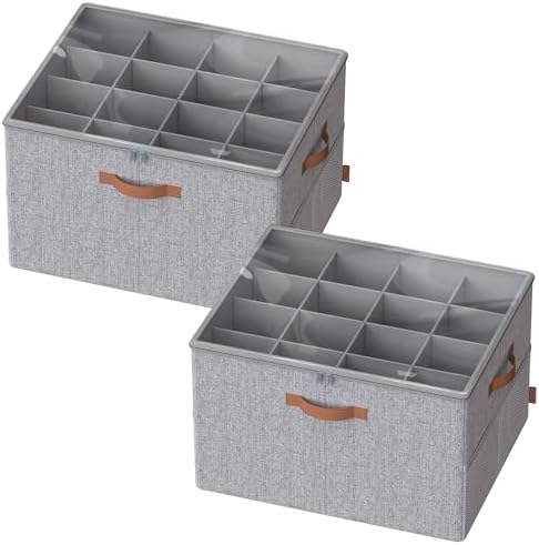 SONGMICS Shoe Organizer for Closet, 2 Pack Fabric Bins, Fits up to 32 Pairs | Shoe Storage Box with Adjustable Dividers, Transparent Lid, Storage Compartments, Dove Gray, TINA Collection ULSP556G01