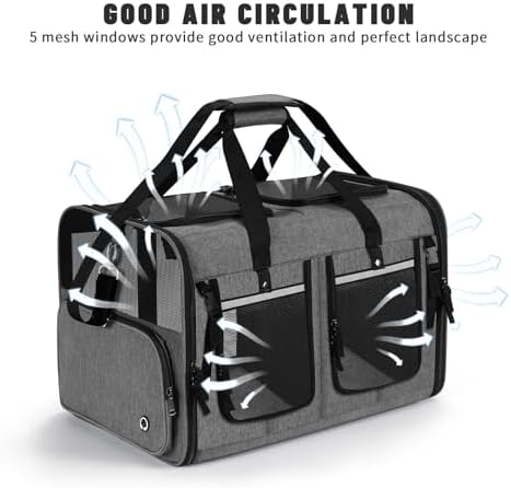 Cat Carrier for 2 Cats, Foldable Double Cat and Dog Carrier, Small to Medium Size, 2 Front Zippered Compartments,Two Pets Carrier for Travel,Mulitple Cat Carrier (Dark Gray with Flat Pocket)