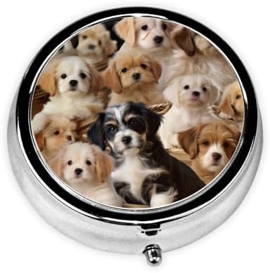 Cute Pet Dogs Pill Box with Mirror 3 Compartment Decorative Pill Case for Purse or Pocket Small Round Pill Organizer Weekly Metal Medicine Tablet Vitamin Holder Travel Gift