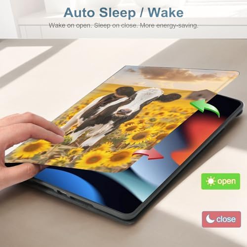 for Samsung Galaxy Tab A9 8.7 Inch 2023 (SM-X110/X115/X117) Tablet Protective Cover with Adjustable Stand and Magnetic Auto Wake/Sleep,Cow Sunflower