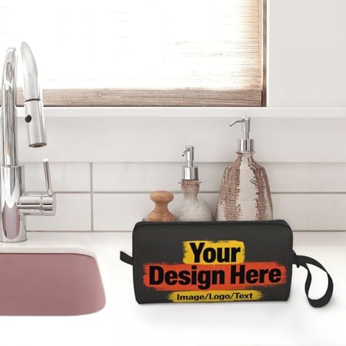 Custom Personalized Cosmetic Makeup Bag 7.9x3.5x2.4 Inch | Upload Your Own Image Photo Text, 600D Oxford Fabric Portable Travel Toiletry Bag with Shockproof Foam Protection for Women