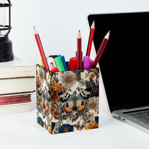 Retro Butterfly Pen Holder for Desk Decor, Rectangular PVC Leather Pencil Cup for Desk Pen Organizer, Makeup Brush Holder for School, Home, Office